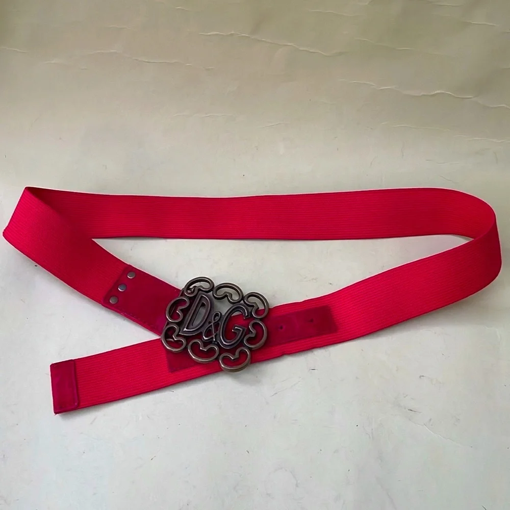 Vintage bright red Dolce & Gabbana stretchy wide belt with large unique buckle